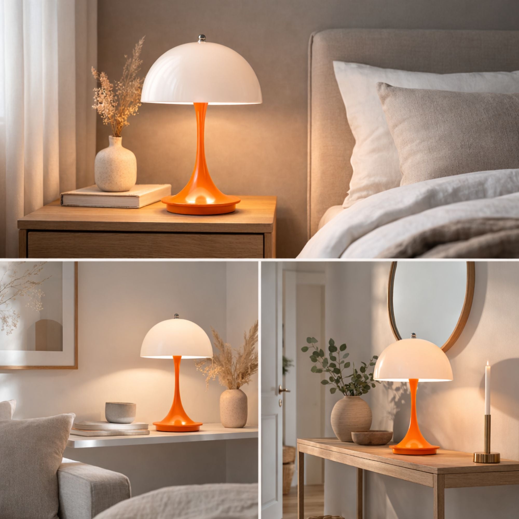 Portabel orange LED bordslampa i svampdesign placerad i sovrum, vardagsrum och hall