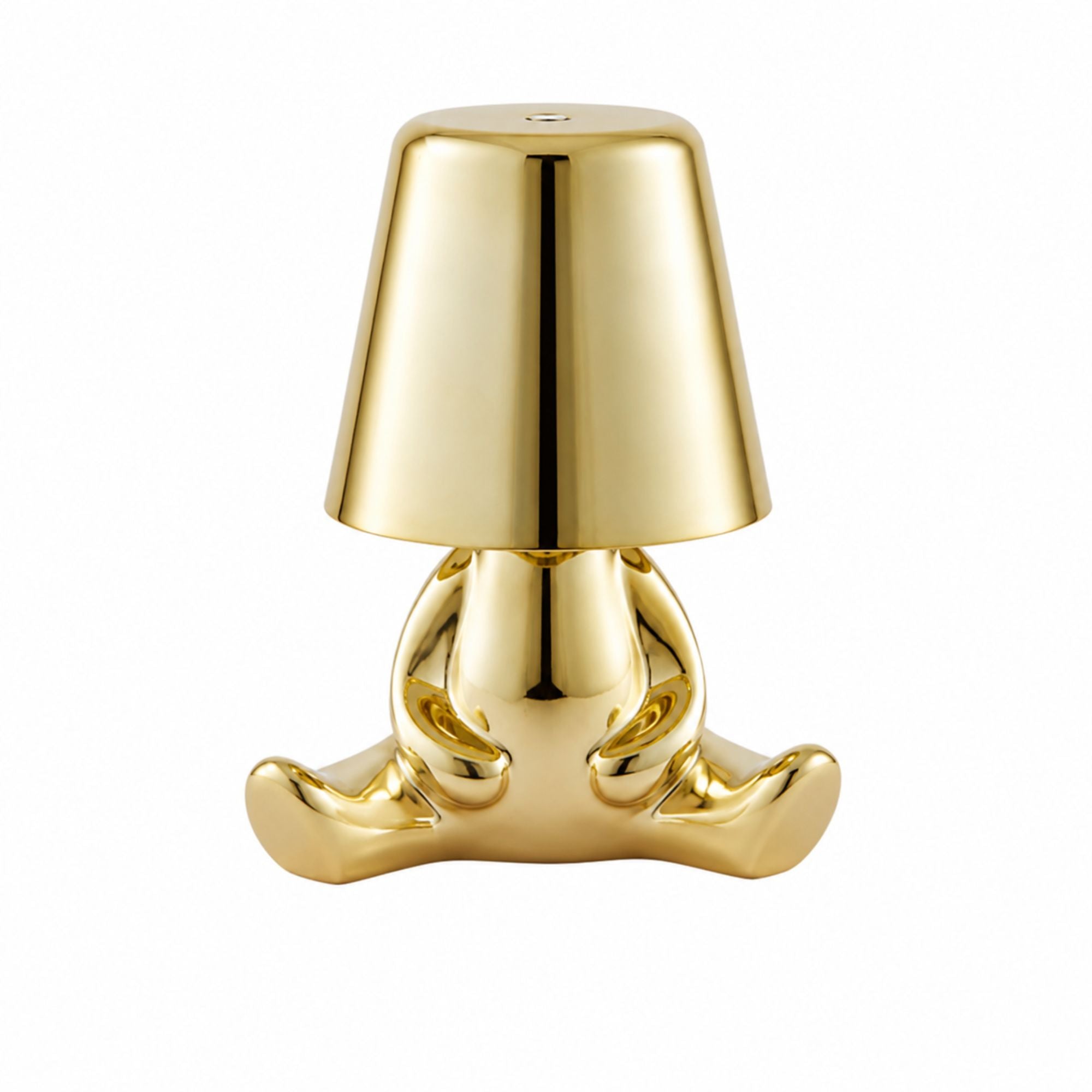 Uppladdningsbar bordslampa Buddy i guld med sittande skulptural design.