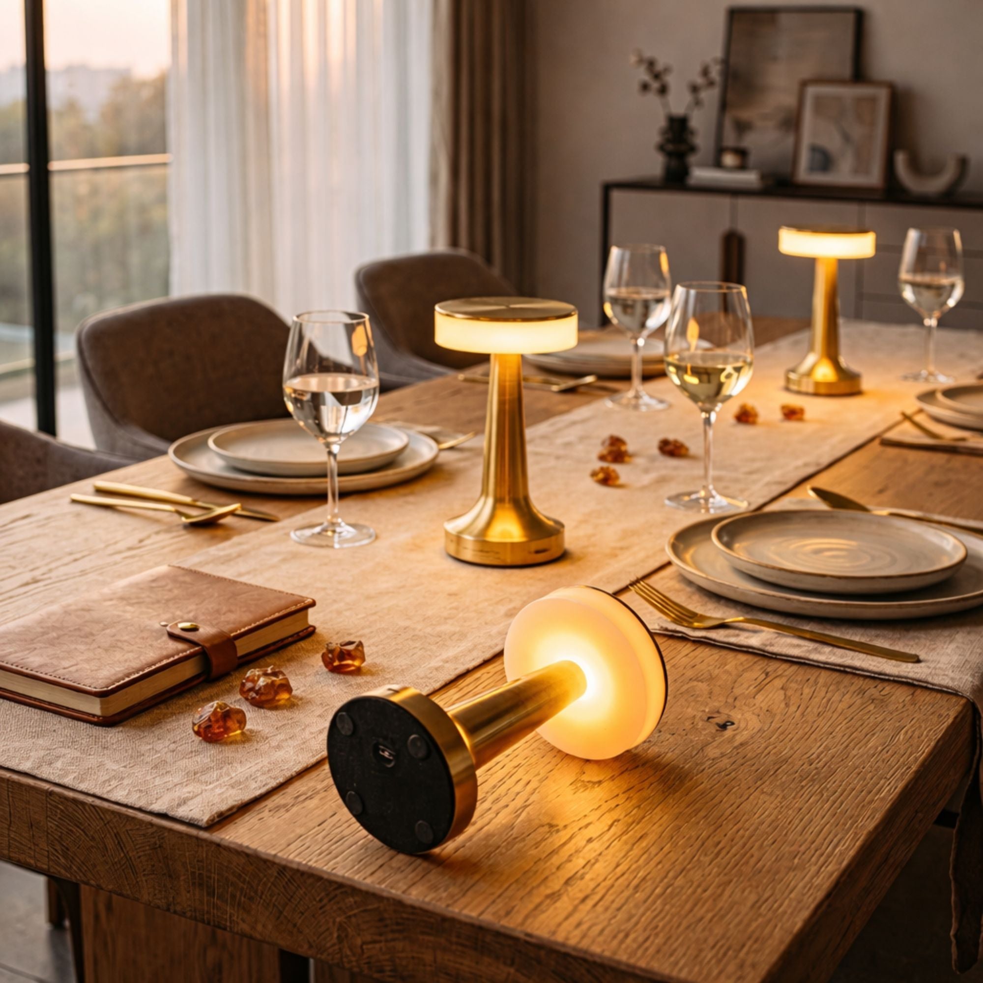 Bordslampa i guld med uppladdningsbar LED placerad på matbord, skapar varm och mysig belysning i modern skandinavisk inredning