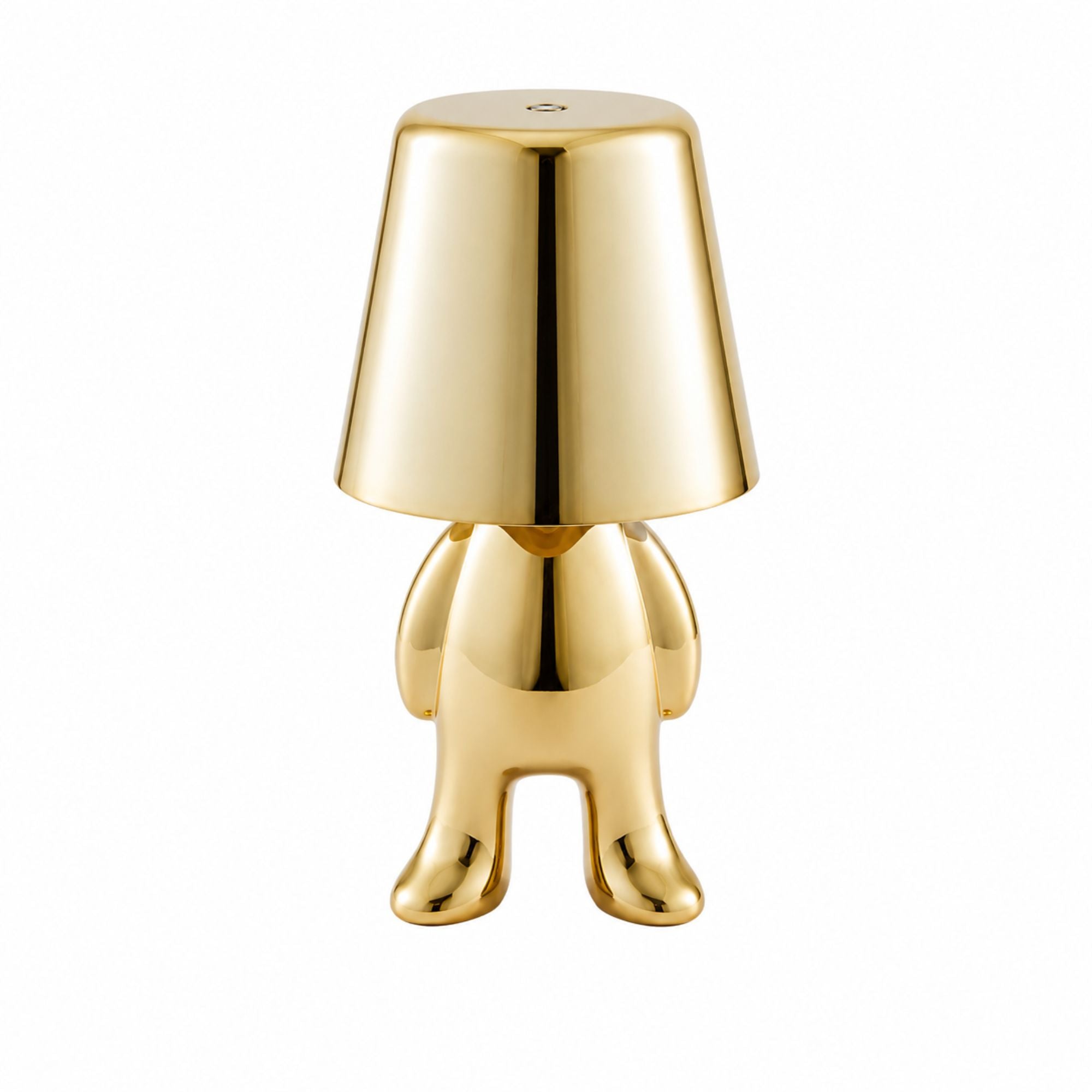 Uppladdningsbar bordslampa Buddy i guld med stående skulptural design.