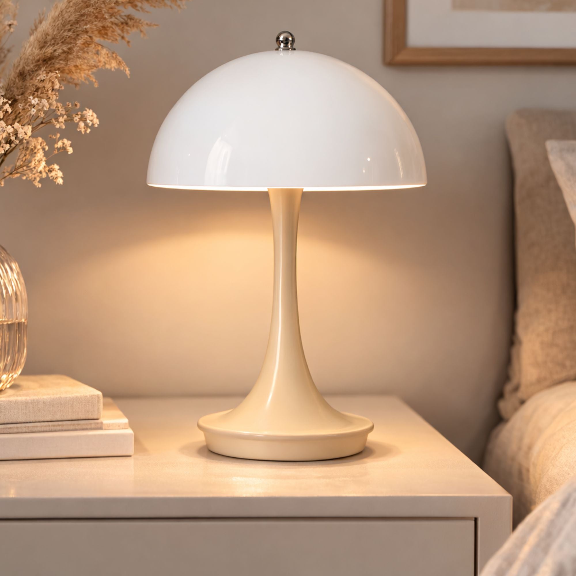 Portabel beige LED bordslampa i svampdesign på sängbord i elegant interiör