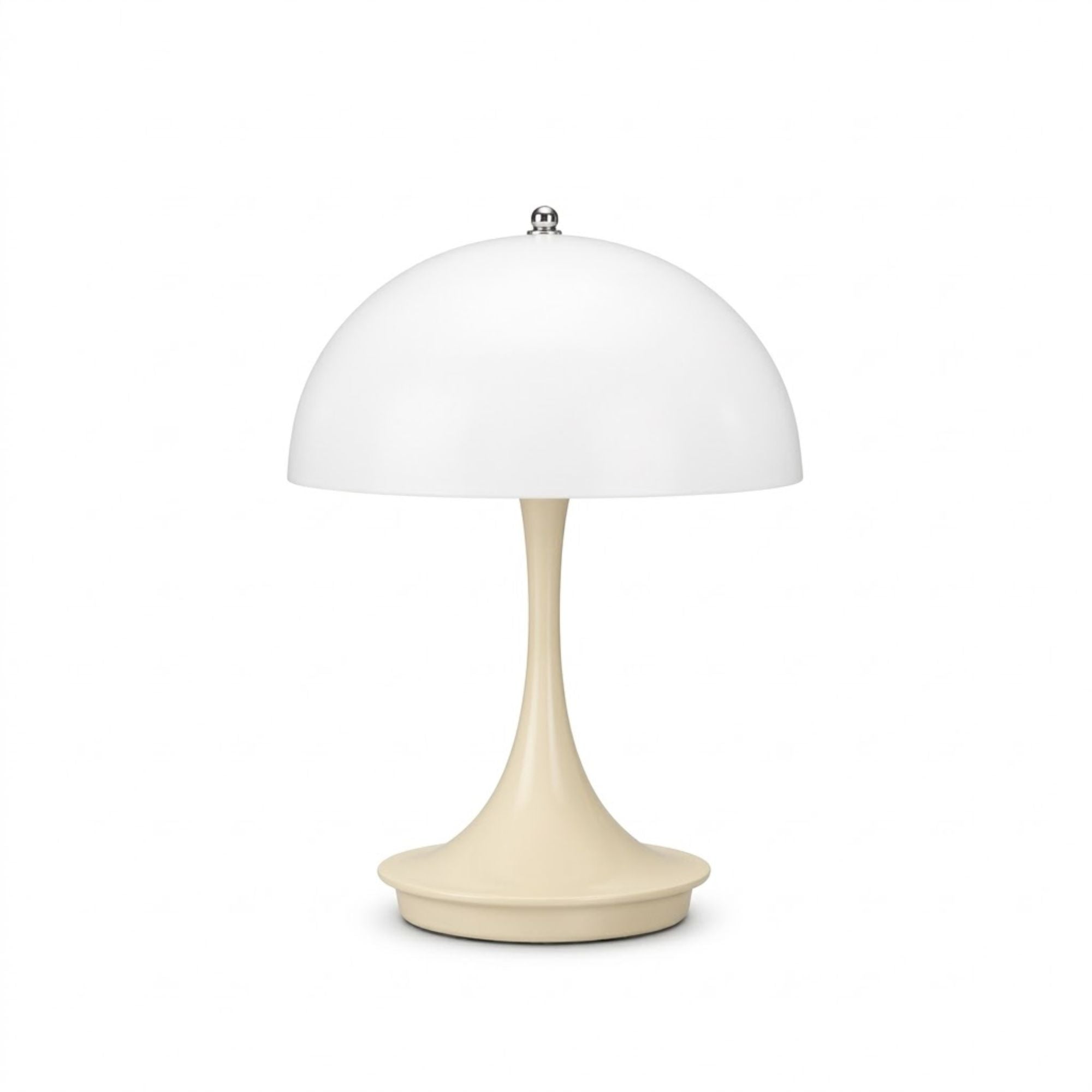 Beige portabel LED bordslampa i svampdesign med vit skärm på vit bakgrund