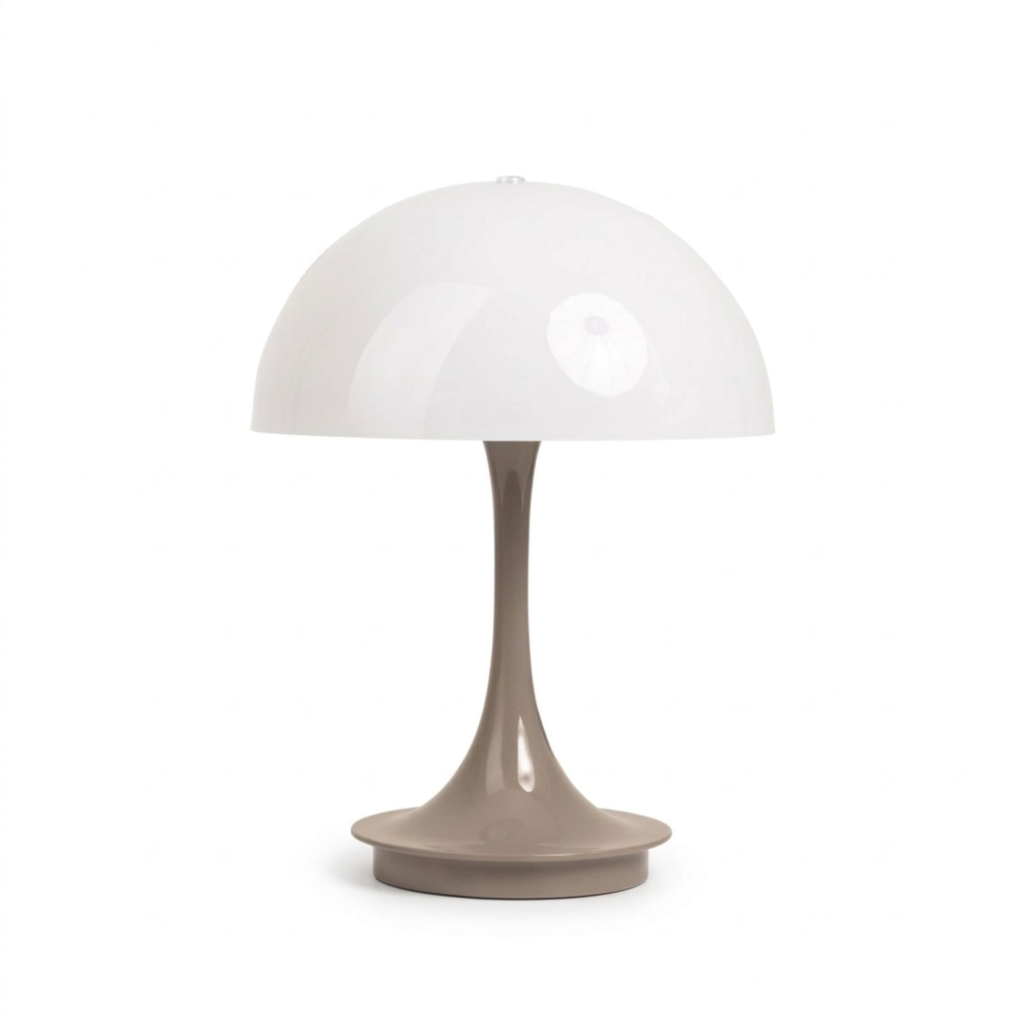 Grå portabel LED bordslampa i svampdesign med vit skärm på vit bakgrund