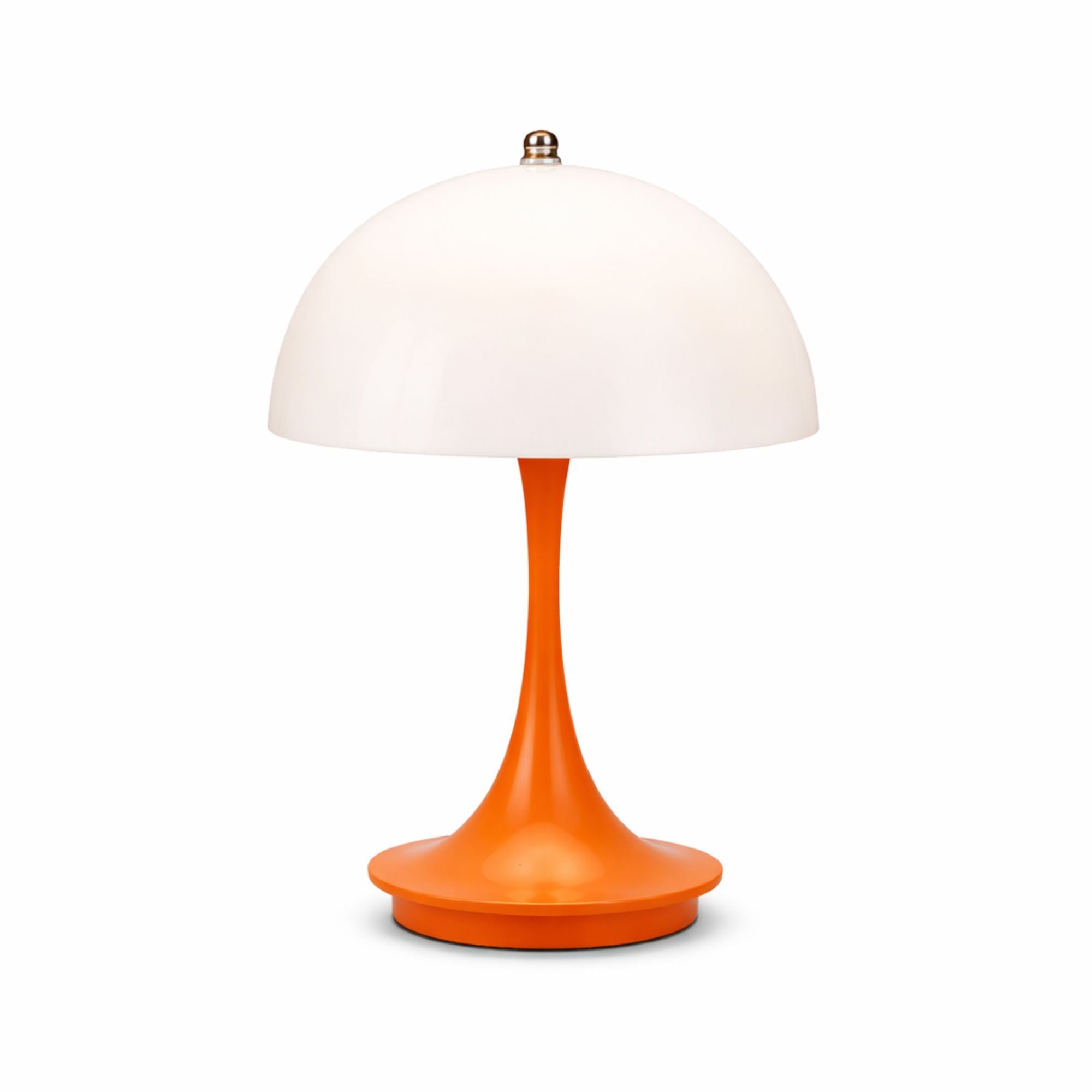 Orange portabel LED bordslampa i svampdesign med vit skärm på vit bakgrund