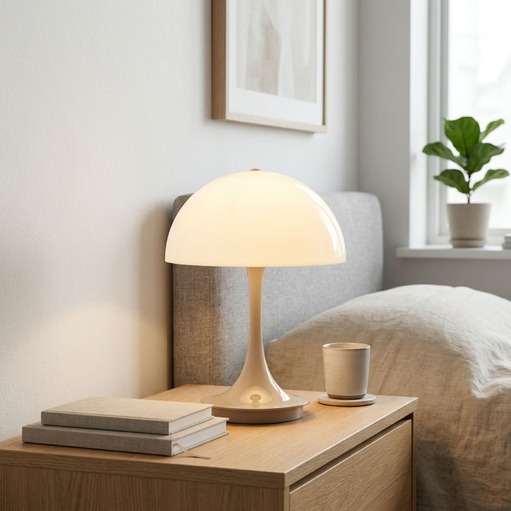 Portabel beige LED bordslampa i svampdesign på sängbord i elegant interiör