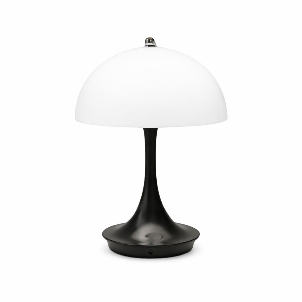 Svart portabel LED bordslampa i svampdesign med vit skärm på vit bakgrund
