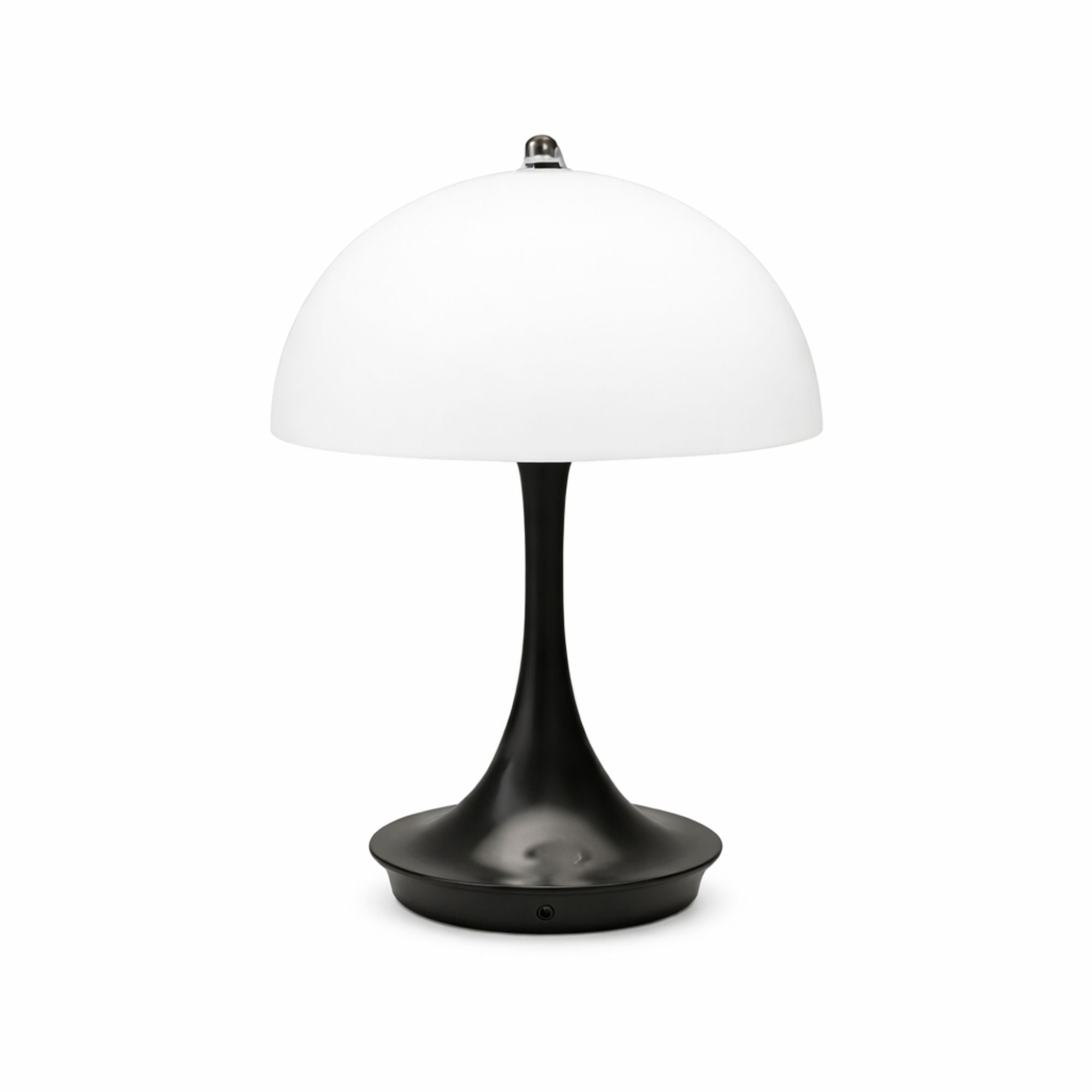 Svart portabel LED bordslampa i svampdesign med vit skärm på vit bakgrund
