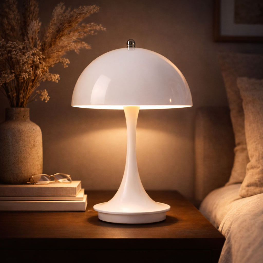 Portabel vit LED bordslampa i svampdesign som lyser varmt på sidobord i modern interiör