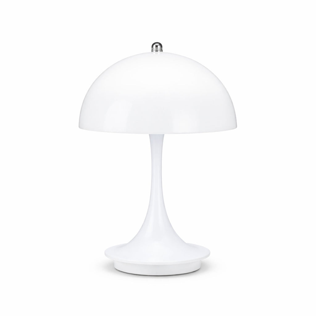 Vit portabel LED bordslampa i svampdesign med vit skärm på vit bakgrund