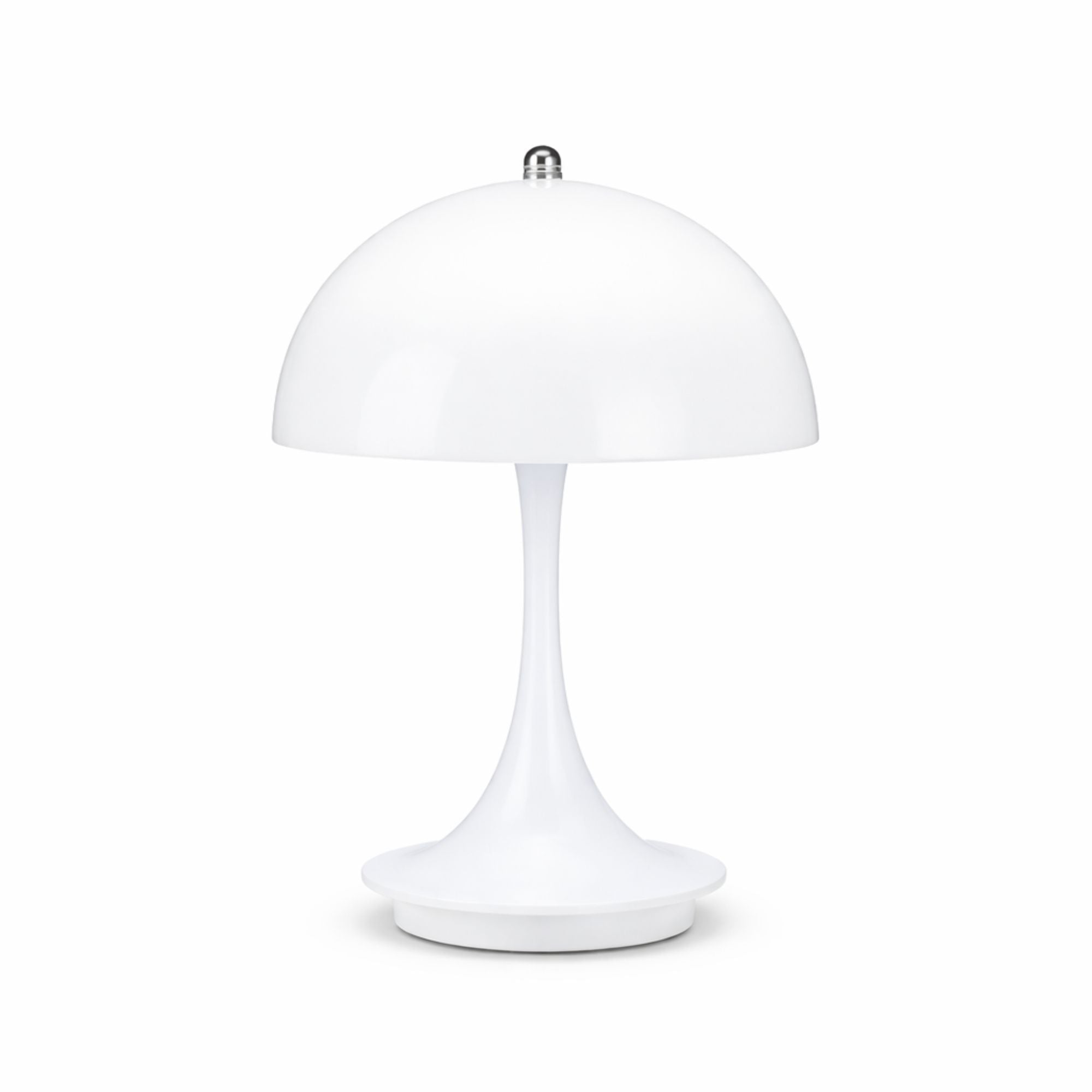 Vit portabel LED bordslampa i svampdesign med vit skärm på vit bakgrund