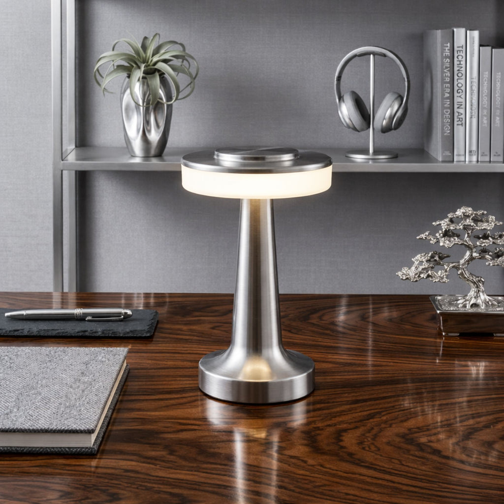 Bordslampa i silver med uppladdningsbar LED placerad på skrivbord i modern inredning, ger stilren och behaglig belysning
