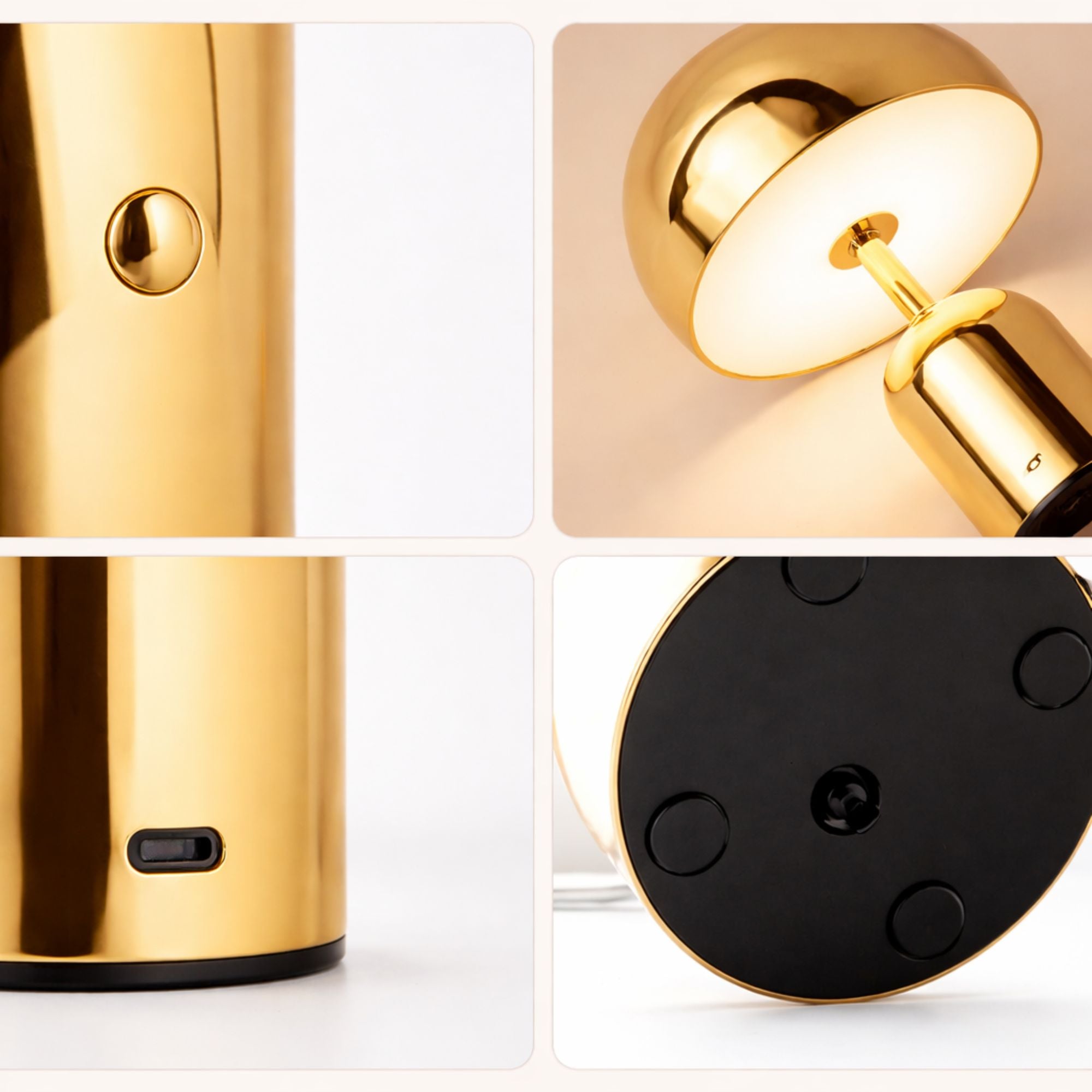 Detaljbild av portabel svamplampa i guld LED bordslampa med touchknapp, USB-laddning och stabil botten