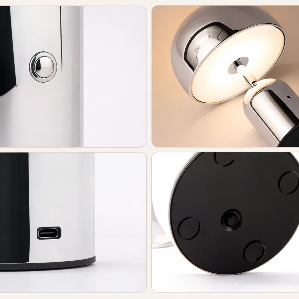 Detaljbild av portabel svamplampa i silver LED bordslampa med touchknapp, USB-laddning och stabil botten