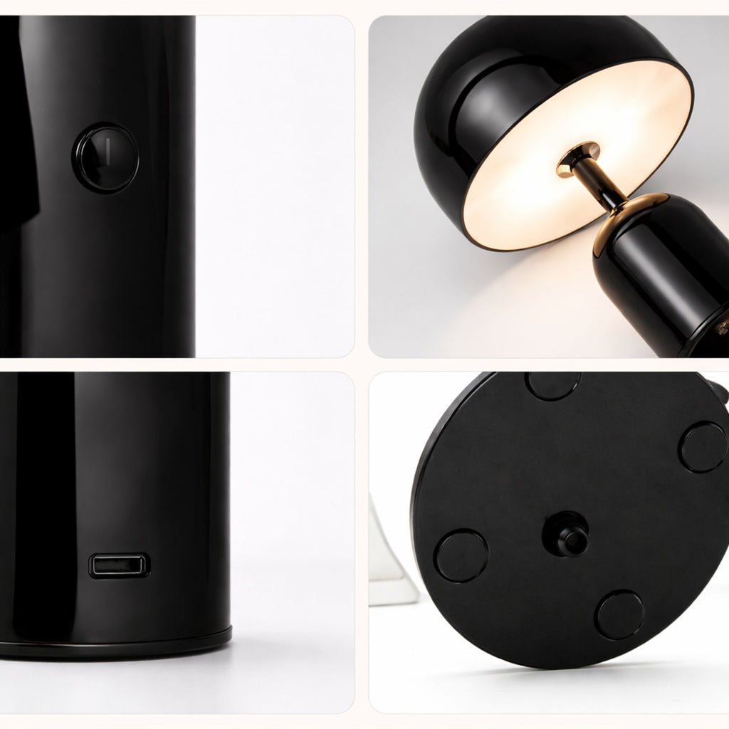 Detaljbild av portabel svamplampa i svart LED bordslampa med touchknapp, USB-laddning och stabil botten