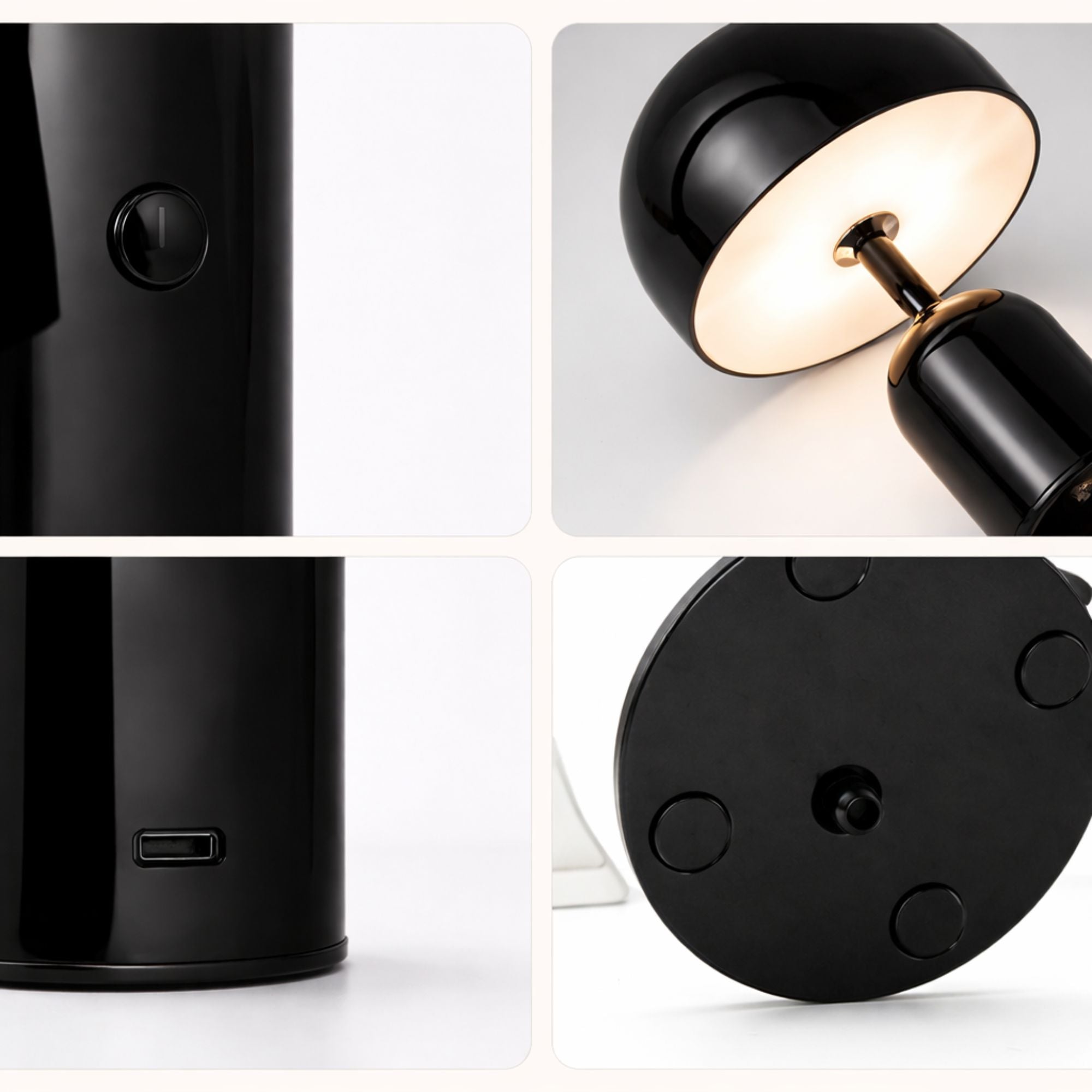 Detaljbild av portabel svamplampa i svart LED bordslampa med touchknapp, USB-laddning och stabil botten