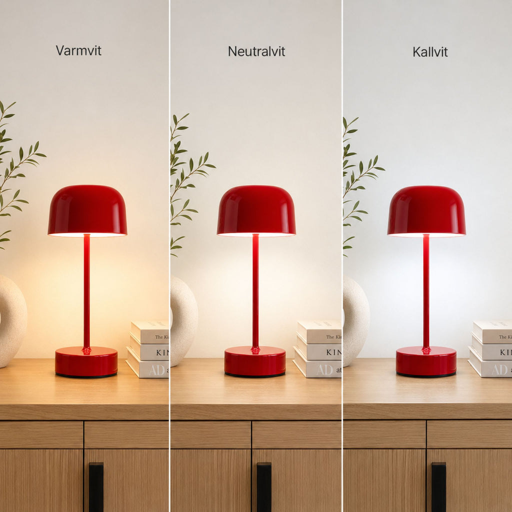 Bordslampa Domo med tre ljuslägen: varmvit, neutralvit och kallvit belysning.