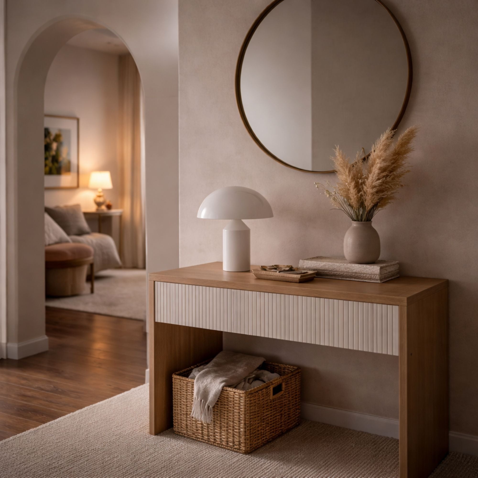 Portabel vit bordslampa i modern design placerad på sidobord i hall – stilren och trådlös belysning för ett harmoniskt hem