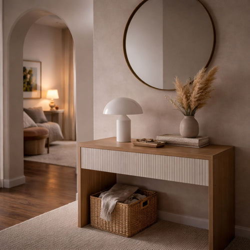 Portabel vit bordslampa i modern design placerad på sidobord i hall – stilren och trådlös belysning för ett harmoniskt hem