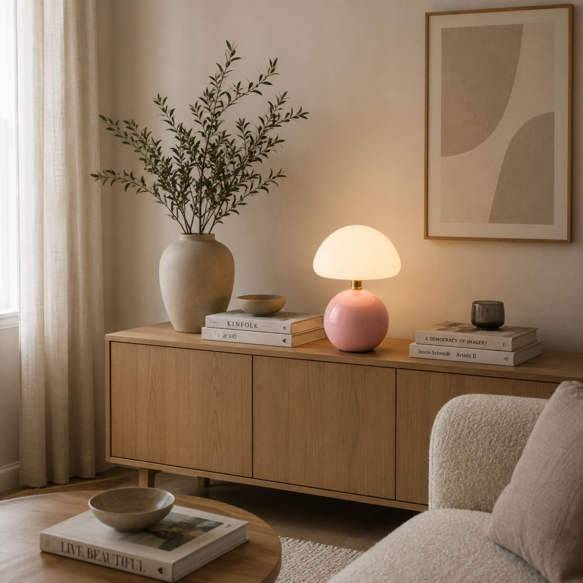 Rosa bordslampa som skapar varm känsla i modernt skandinaviskt hem.