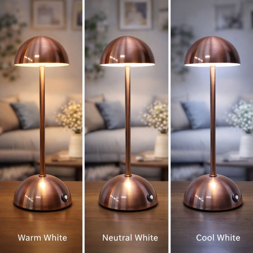 Modern roséguld bordslampa i svampdesign LED touch med tre ljuslägen varm vit neutral vit och kall vit