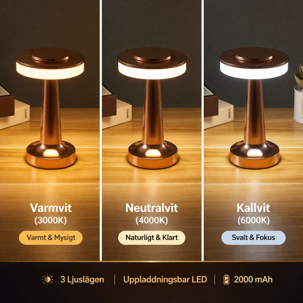 Bordslampa i roséguld med uppladdningsbar LED och tre ljuslägen – varmvit 3000K, neutralvit 4000K och kallvit 6000K – modern design för stilren belysning