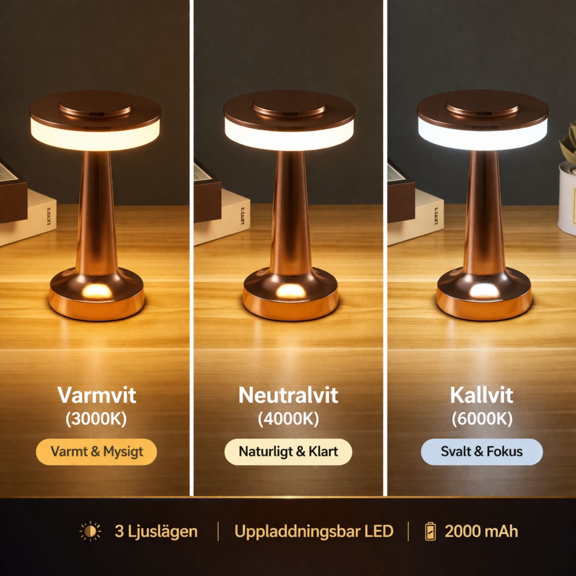 Bordslampa i roséguld med uppladdningsbar LED och tre ljuslägen – varmvit 3000K, neutralvit 4000K och kallvit 6000K – modern design för stilren belysning
