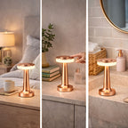 Bordslampa i roséguld med uppladdningsbar LED placerad i sovrum, badrum och hall, skapar varm och stilren belysning i modern inredning