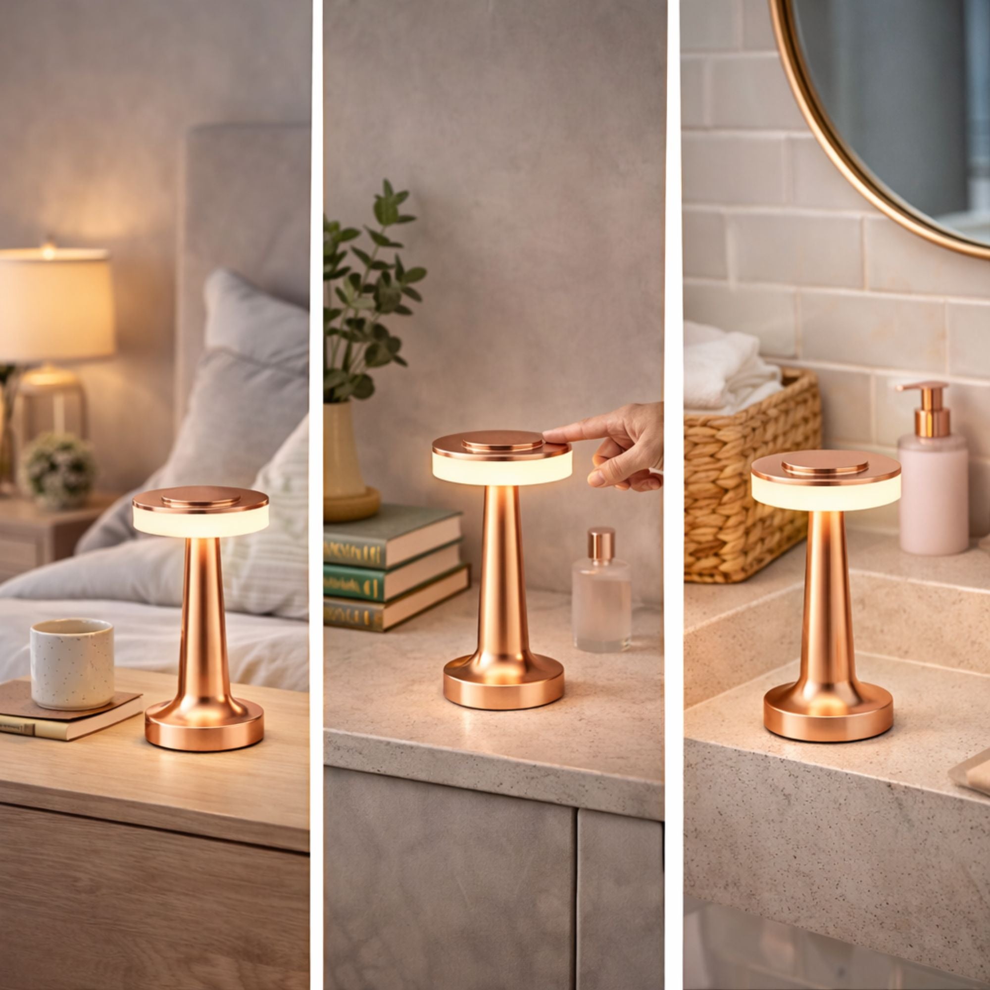 Bordslampa i roséguld med uppladdningsbar LED placerad i sovrum, badrum och hall, skapar varm och stilren belysning i modern inredning
