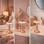 Bordslampa i roséguld med uppladdningsbar LED placerad i sovrum, badrum och hall, skapar varm och stilren belysning i modern inredning