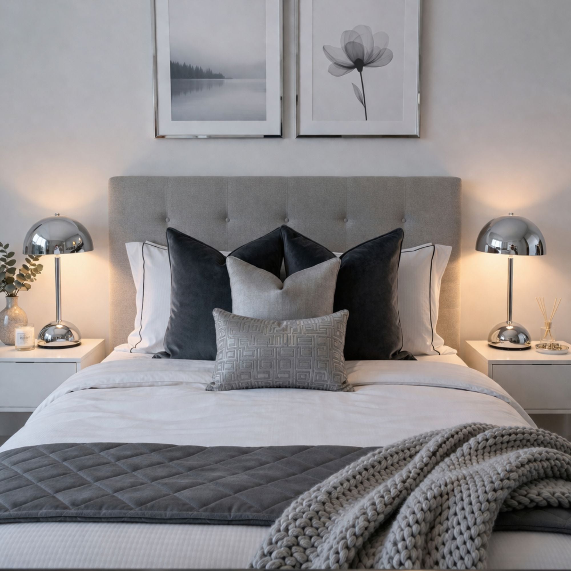 Modern silver bordslampa i svampdesign LED uppladdningsbar på sängbord i stilrent sovrum