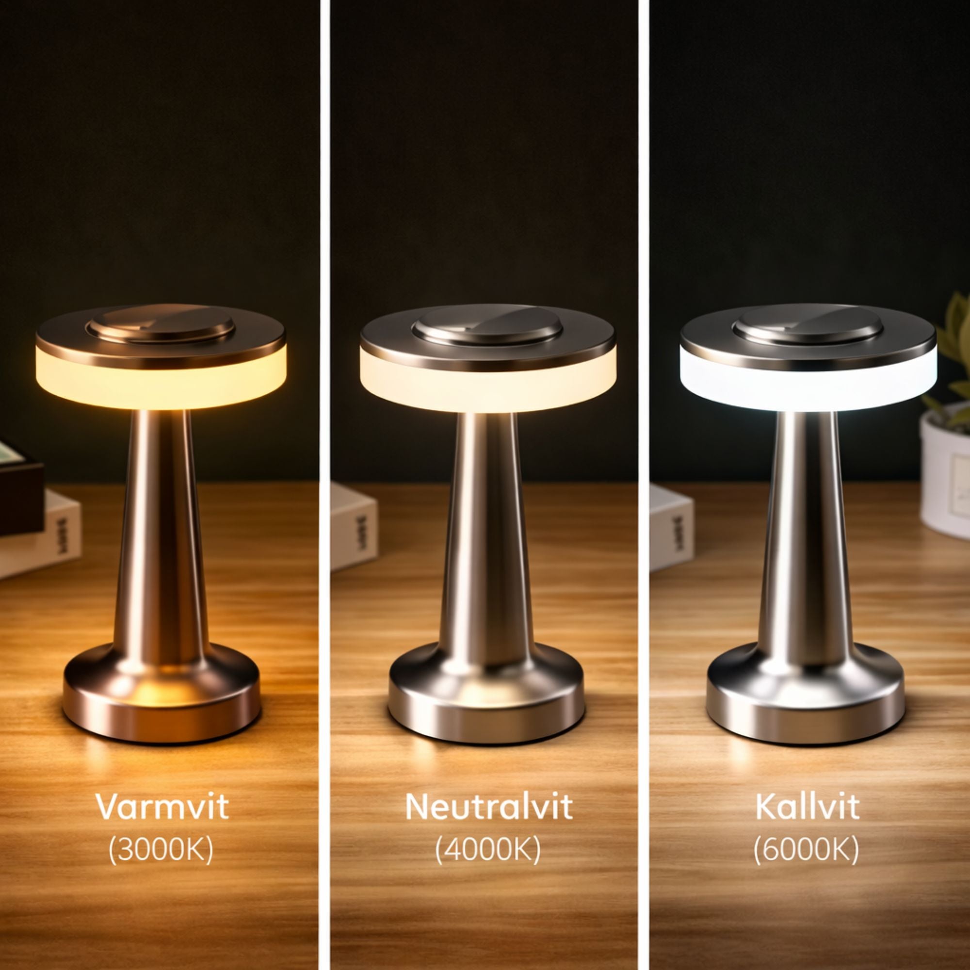 Bordslampa i silver med uppladdningsbar LED och tre ljuslägen – varmvit 3000K, neutralvit 4000K och kallvit 6000K – modern minimalistisk design för stilren belysning
