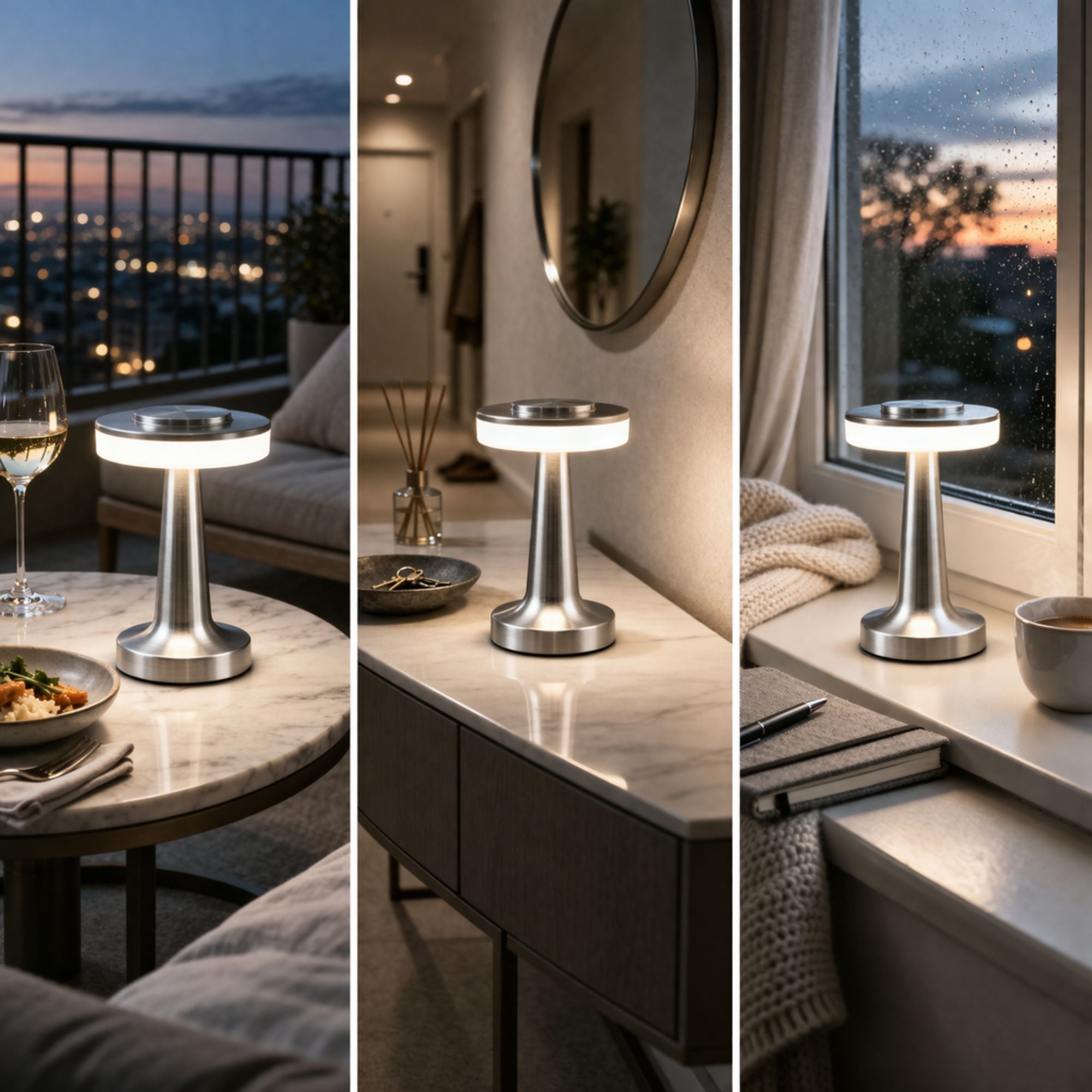 Bordslampa i silver med uppladdningsbar LED i olika miljöer som balkong, hall och fönster, skapar varm och stämningsfull belysning på kvällen