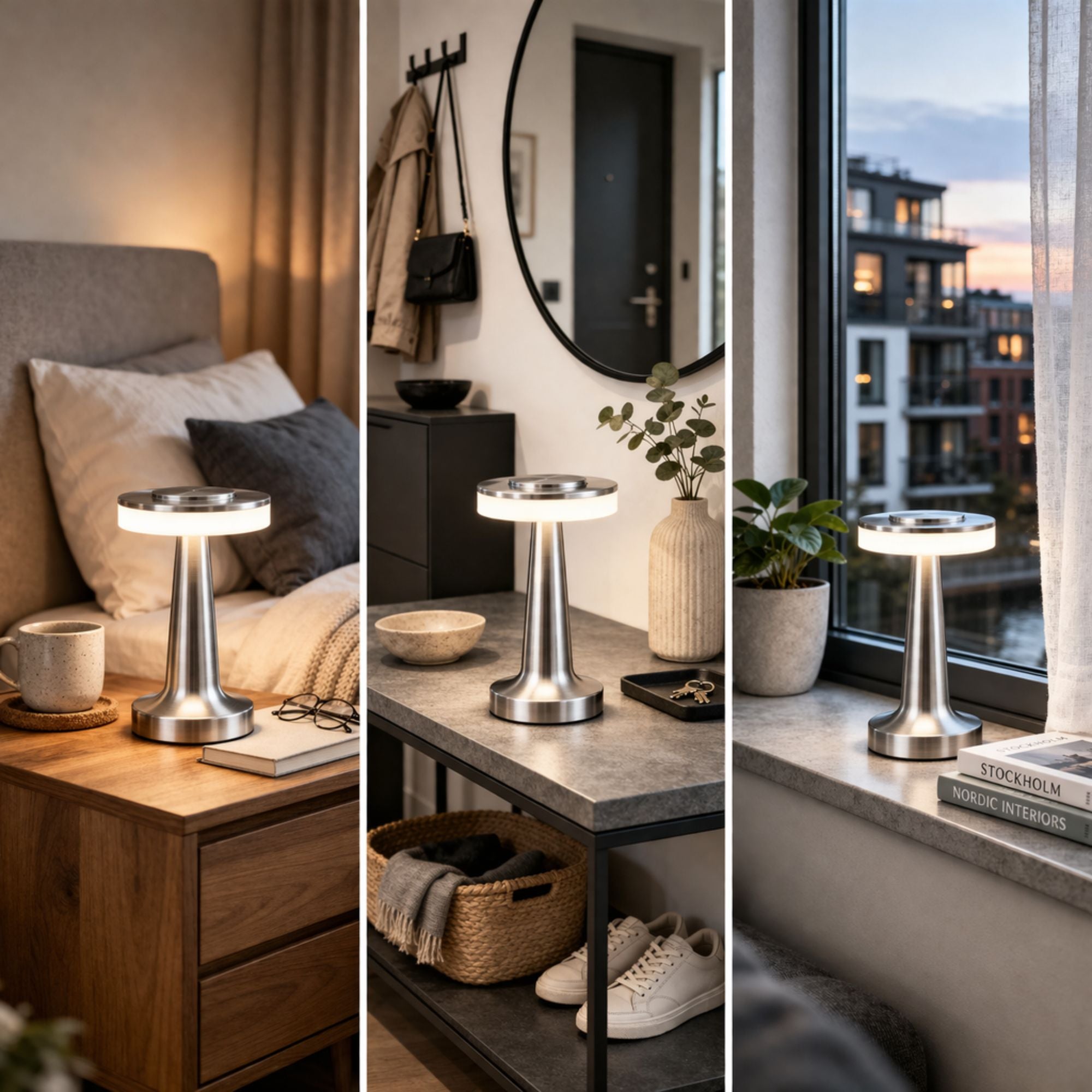Bordslampa i silver med uppladdningsbar LED placerad i sovrum, hall och fönster i ljus skandinavisk inredning