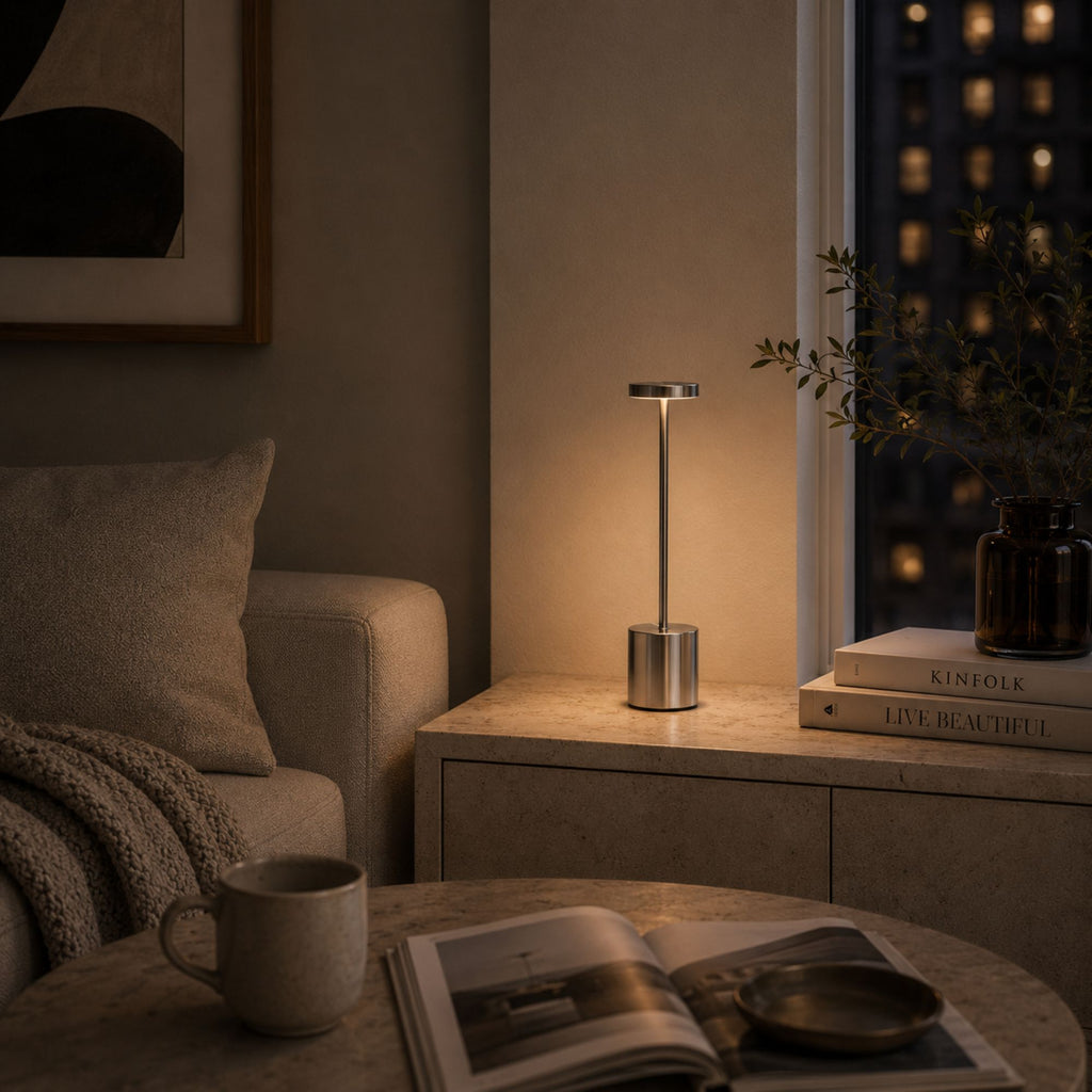 Silvrig uppladdningsbar LED-bordslampa i ett skandinaviskt vardagsrum med varm kvällsbelysning, böcker och modern minimalistisk inredning.