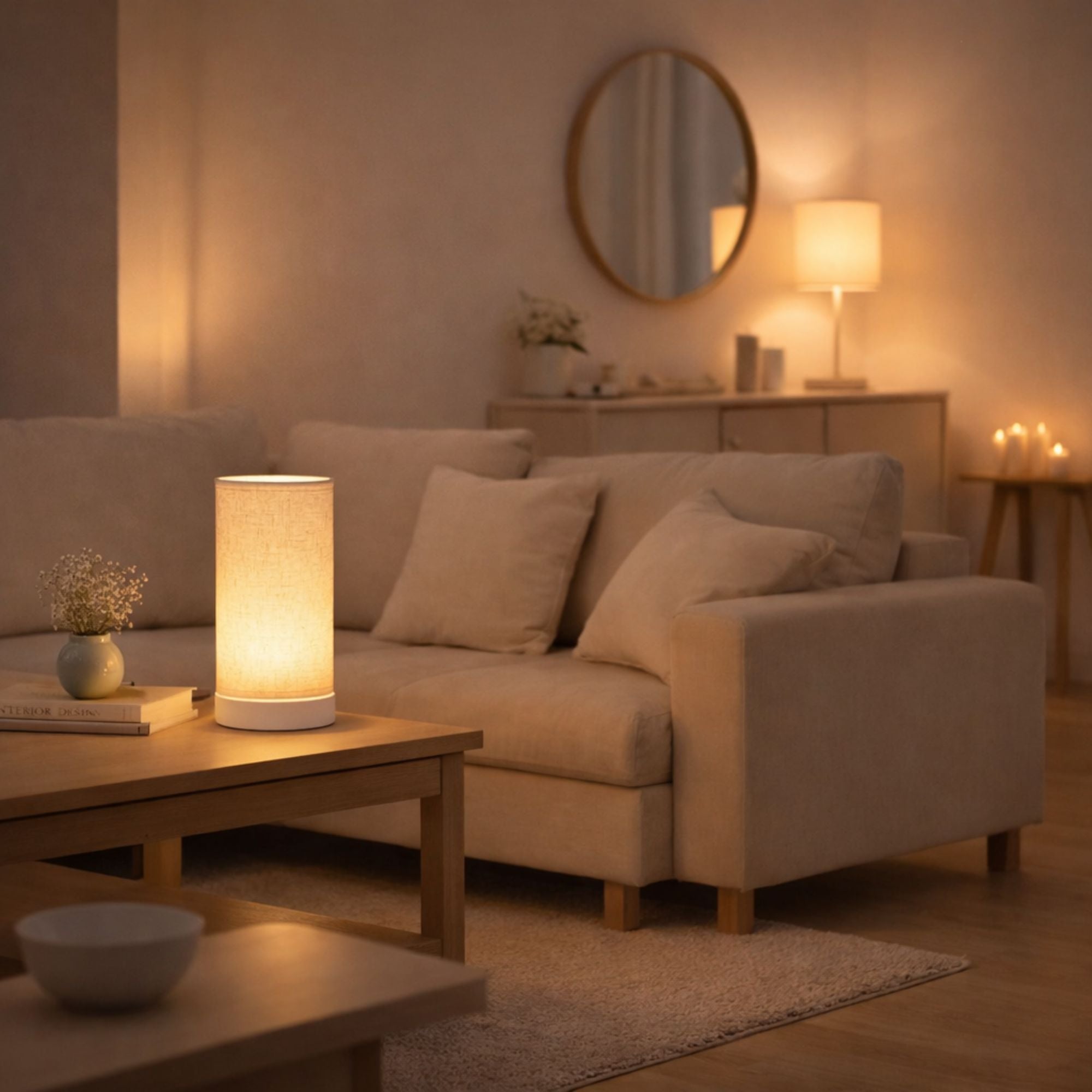 Bordslampa i sovrum som skapar varm och mysig belysning i vardagsrum och hemmiljö.
