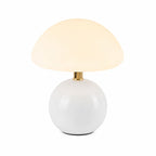 Vit svampformad bordslampa med opalglas och blank vit bas.