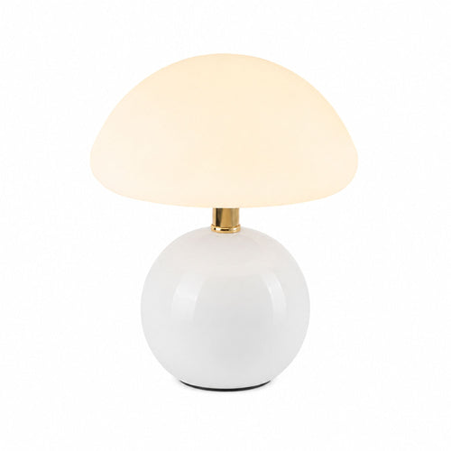 Vit svampformad bordslampa med opalglas och blank vit bas.