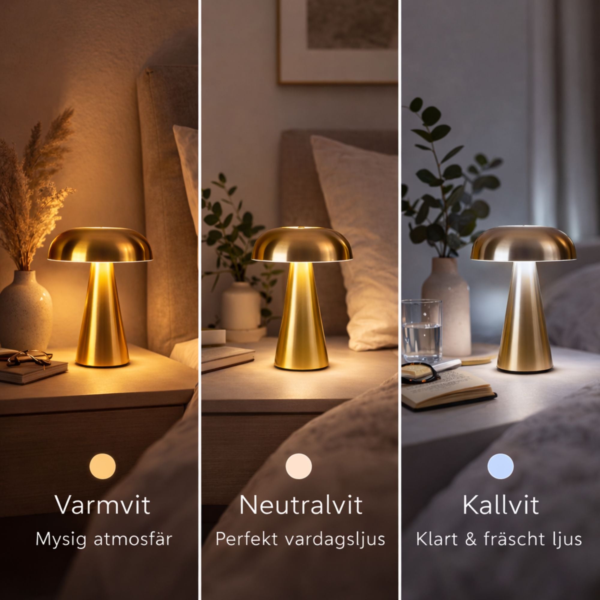 Bordslampa portabel svamplampa på nattduksbord i sovrum med tre ljuslägen – varmvitt, neutralvitt och kallvitt