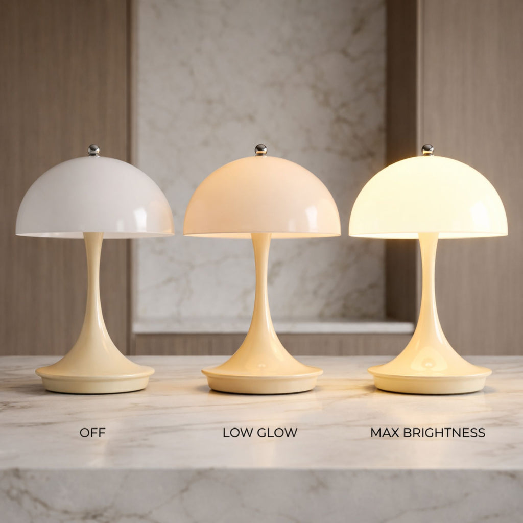 Beige LED bordslampa med vit skärm som visar tre ljusfärger 3000K varmvit, 4500K neutralvit och 6500K kallvit