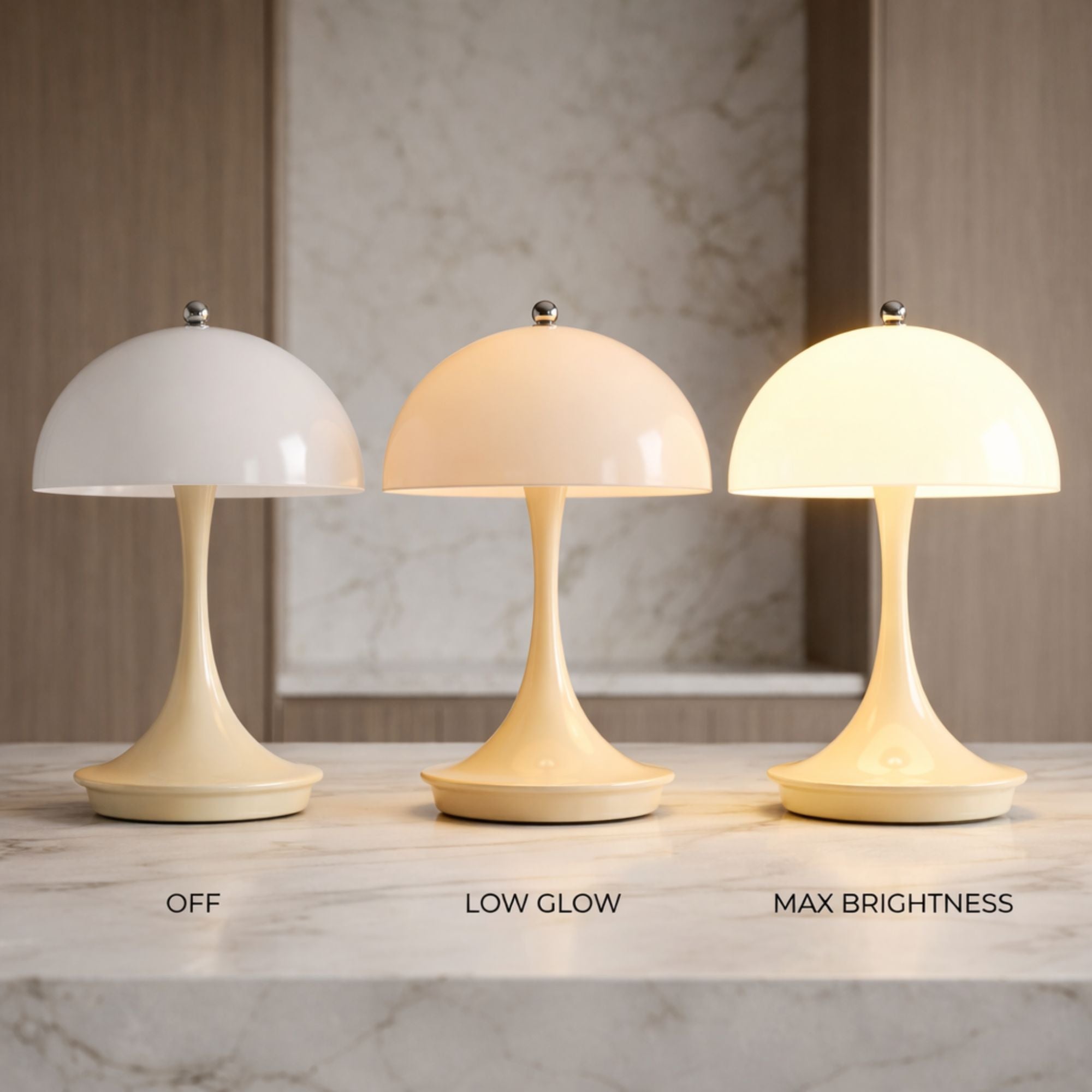 Beige LED bordslampa med vit skärm som visar tre ljusfärger 3000K varmvit, 4500K neutralvit och 6500K kallvit