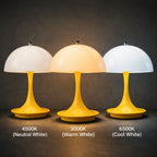 Gul LED bordslampa med vit skärm som visar tre ljusfärger 3000K varmvit, 4500K neutralvit och 6500K kallvit