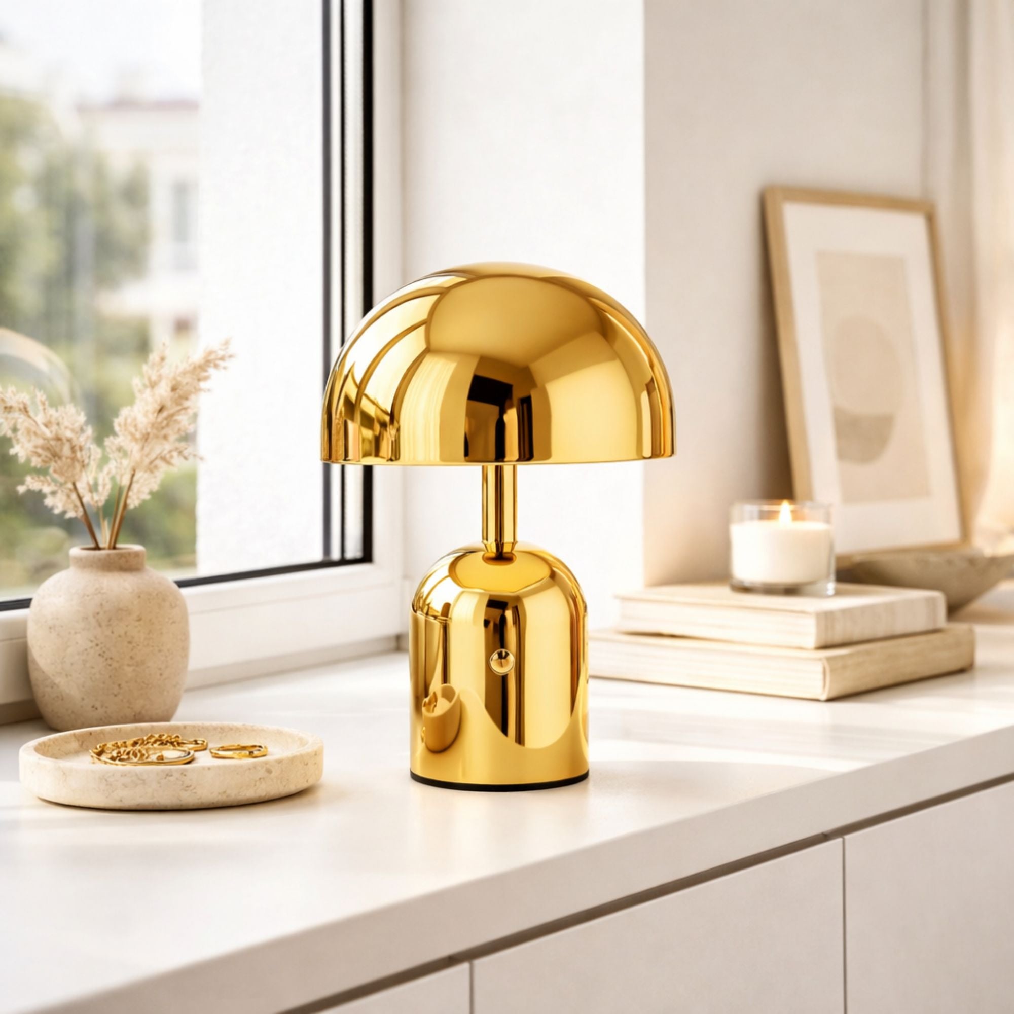 Portabel svamplampa i guld LED bordslampa placerad vid fönster på skåp med stilren inredning och varm stämningsbelysning