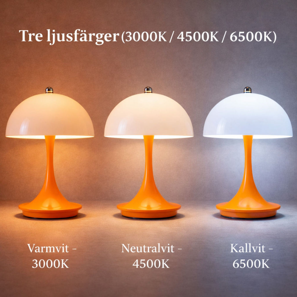 Orange LED bordslampa med vit skärm som visar tre ljusfärger 3000K varmvit, 4500K neutralvit och 6500K kallvit