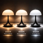 Svart LED bordslampa med vit skärm som visar tre ljusfärger 3000K varmvit, 4500K neutralvit och 6500K kallvit