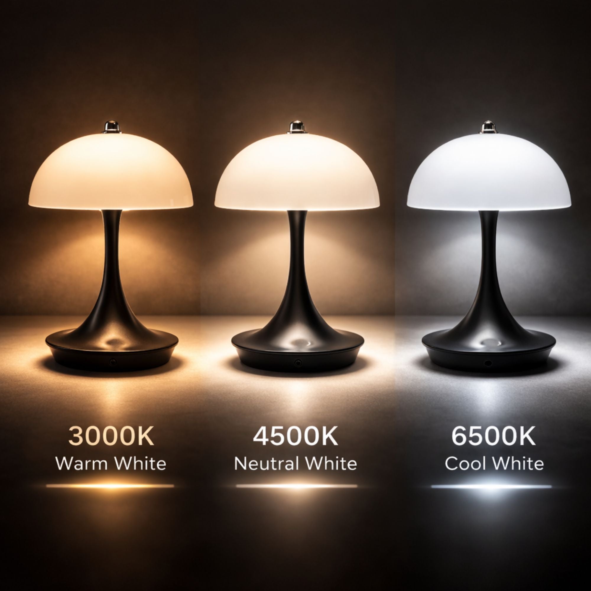 Svart LED bordslampa med vit skärm som visar tre ljusfärger 3000K varmvit, 4500K neutralvit och 6500K kallvit
