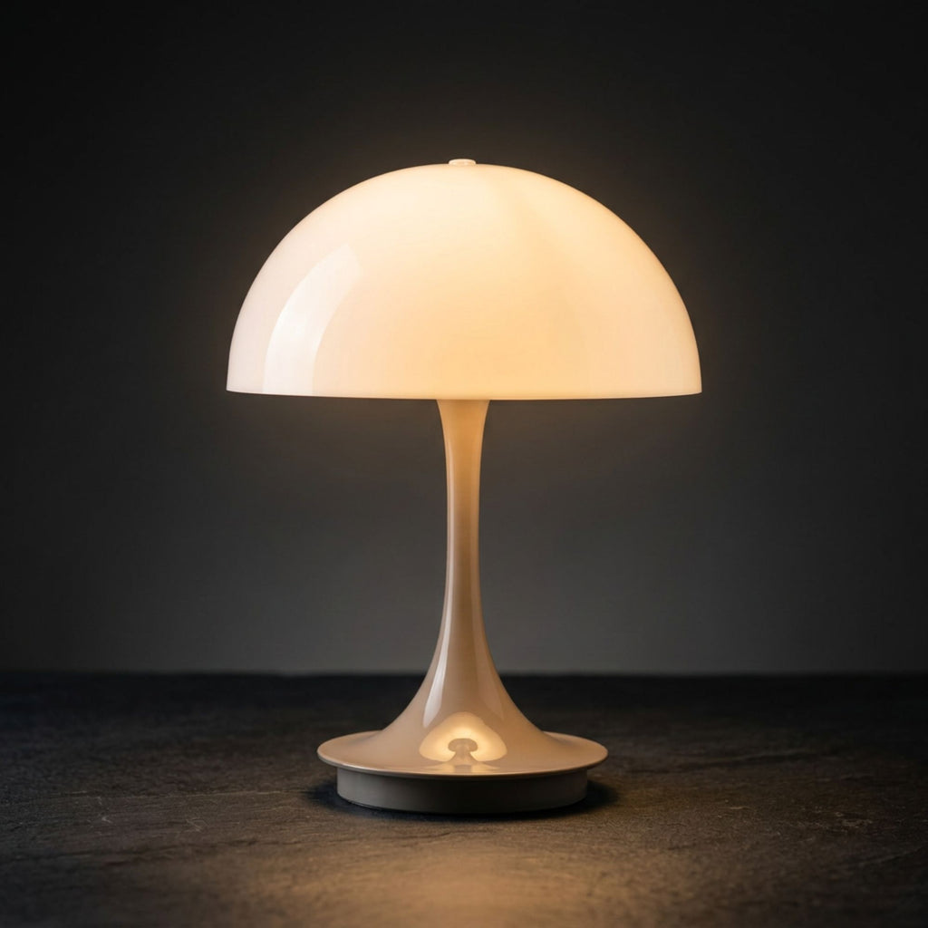 Portabel grå LED bordslampa i svampdesign som lyser med varm belysning mot mörk bakgrund