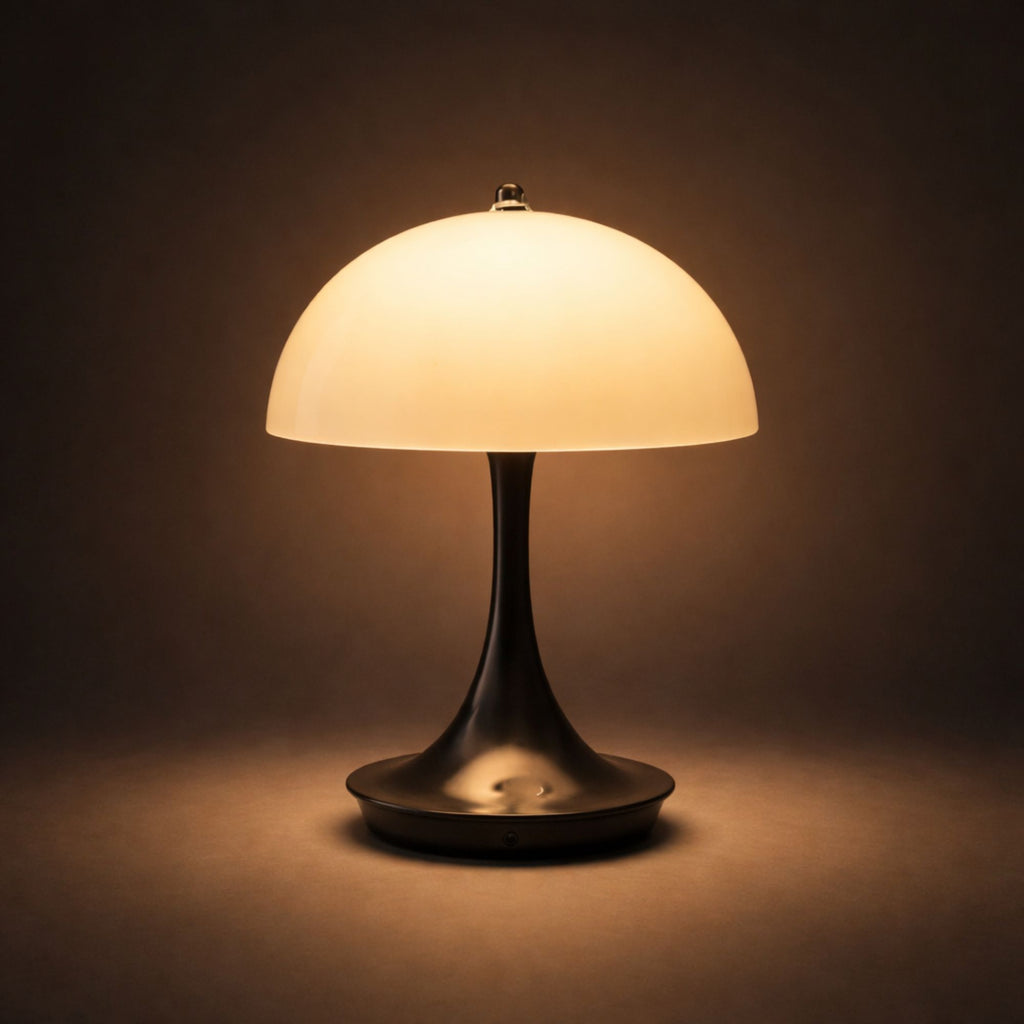 Portabel svart LED bordslampa i svampdesign som lyser med varm belysning mot mörk bakgrund
