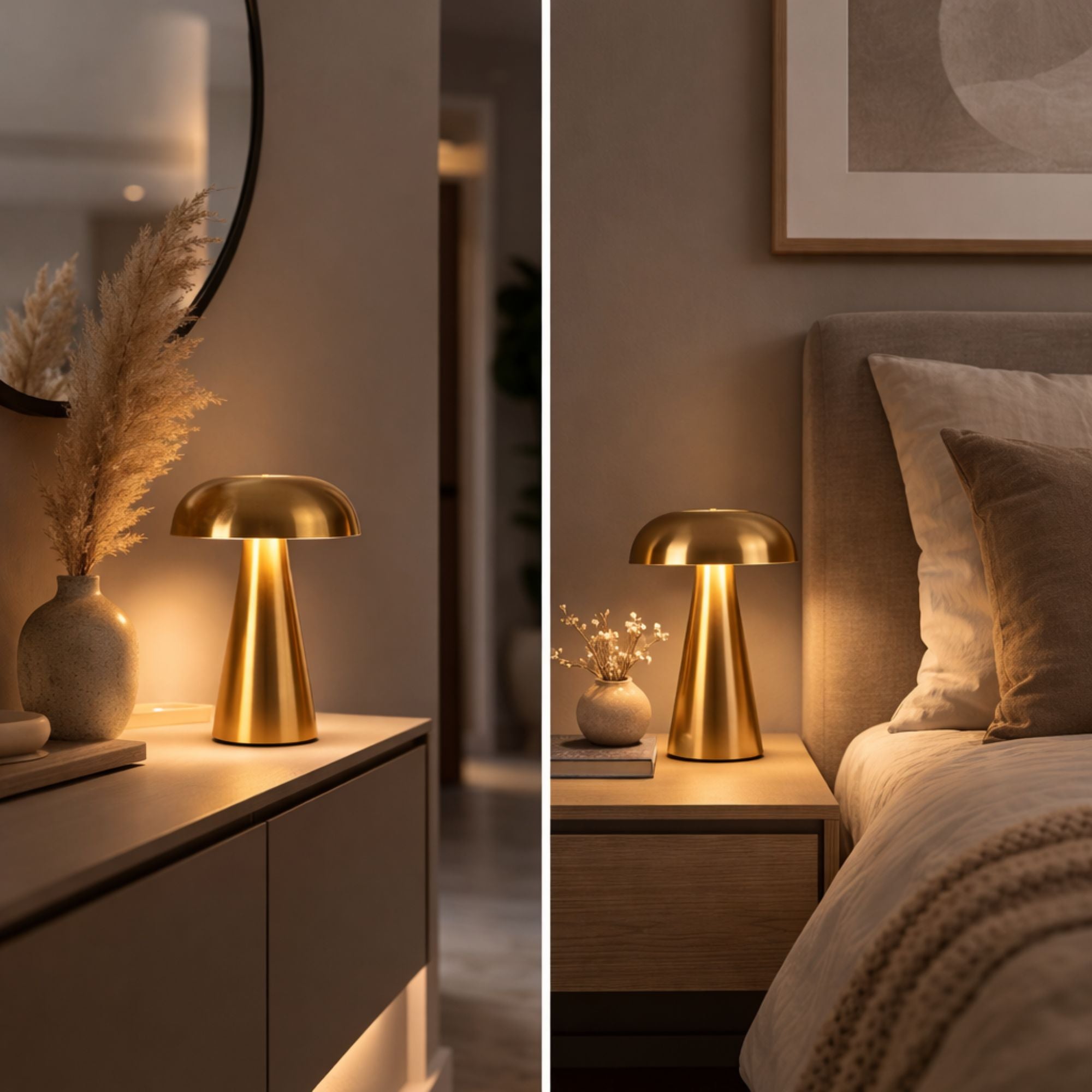 Bordslampa portabel svamplampa i guld på nattduksbord i sovrum – trådlös LED lampa
