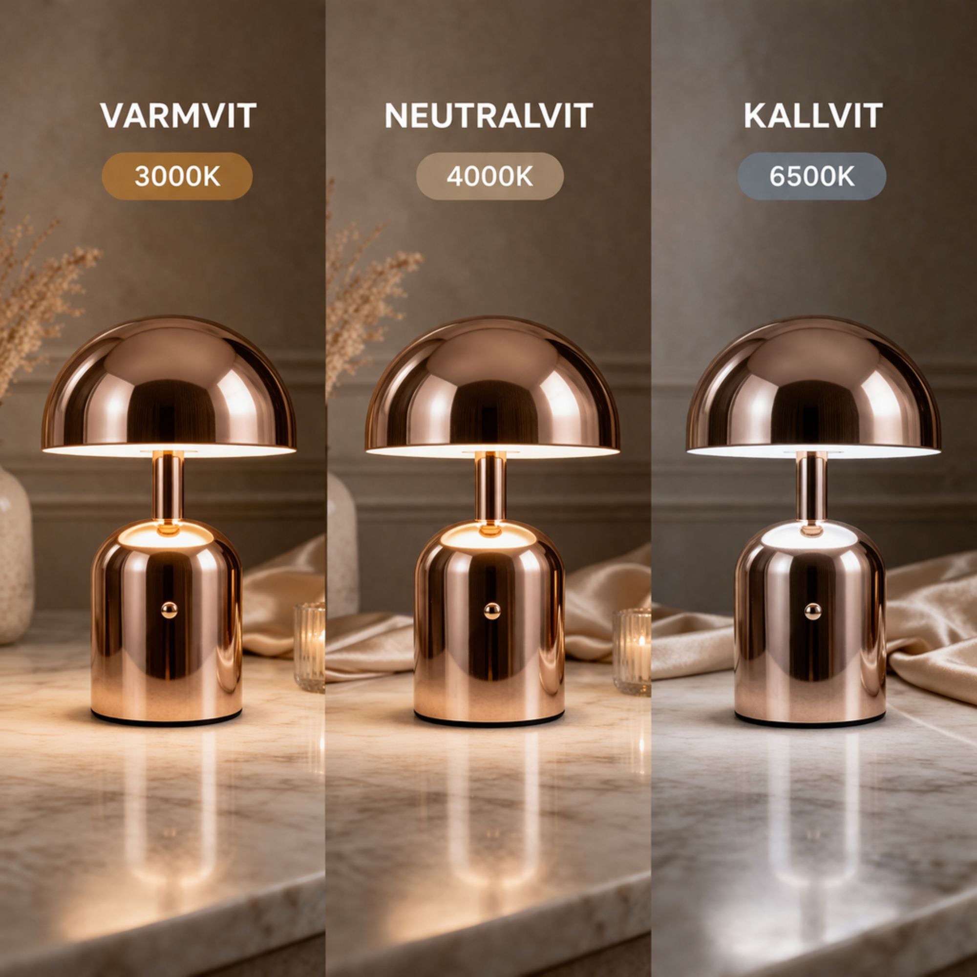Portabel svamplampa i roseguld LED bordslampa med tre ljuslägen varmvit 3000K, neutralvit 4000K och kallvit 6000K