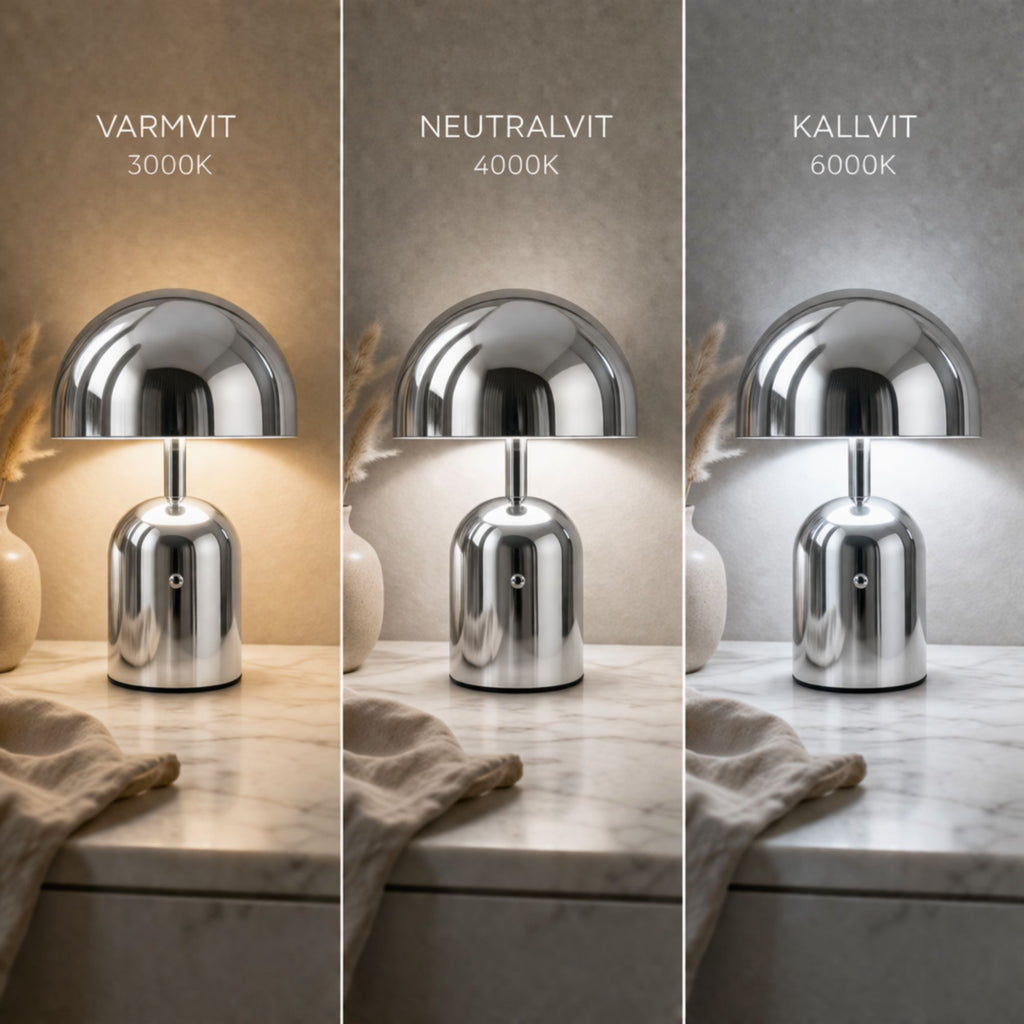 Portabel svamplampa i silver LED bordslampa med tre ljuslägen varmvit 3000K, neutralvit 4000K och kallvit 6000K